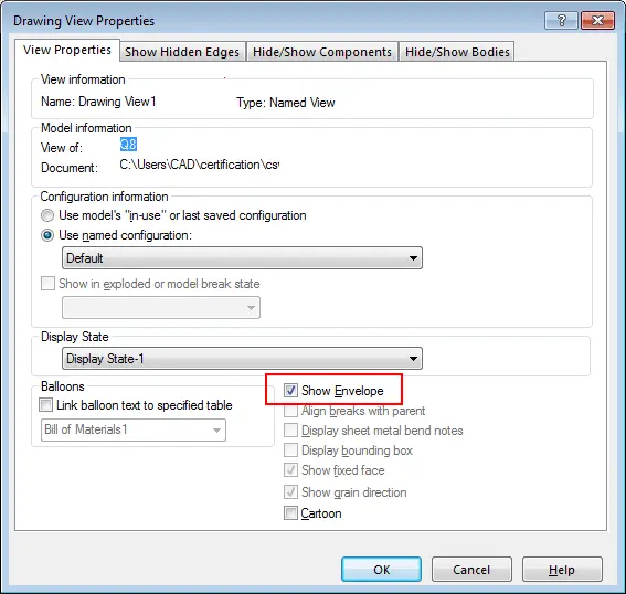solidworks show envelope in drawing view