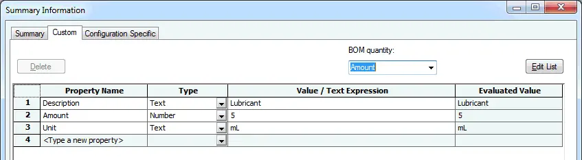 bill of materials quantity and units solidworks