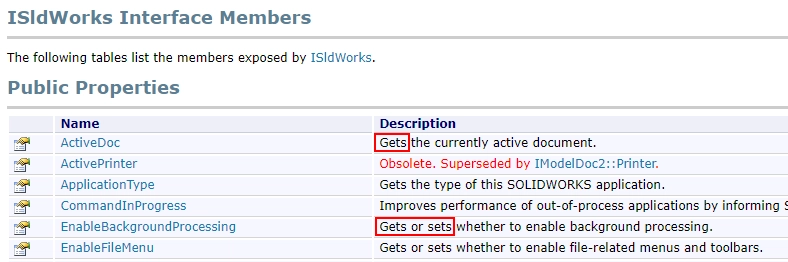 solidworks object model properties get set