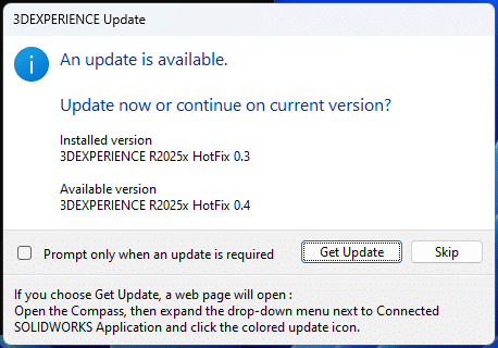 solidworks connected update popup