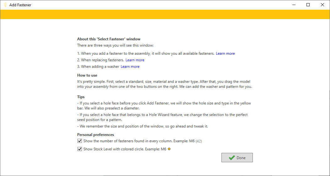 Select fastener window settings